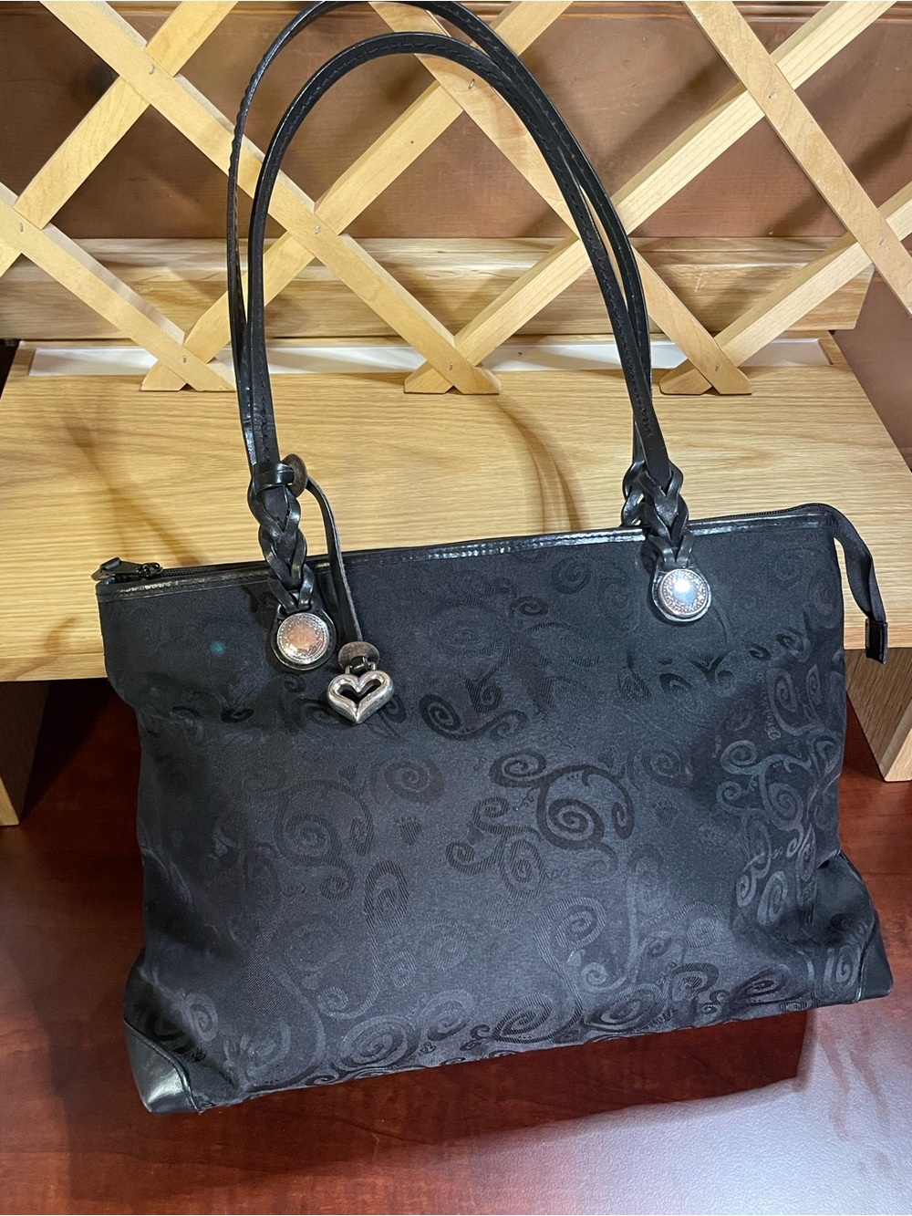 Authentic Brighton’ Signature Black Jacquard Vintage Canvas & Leather H’Bag